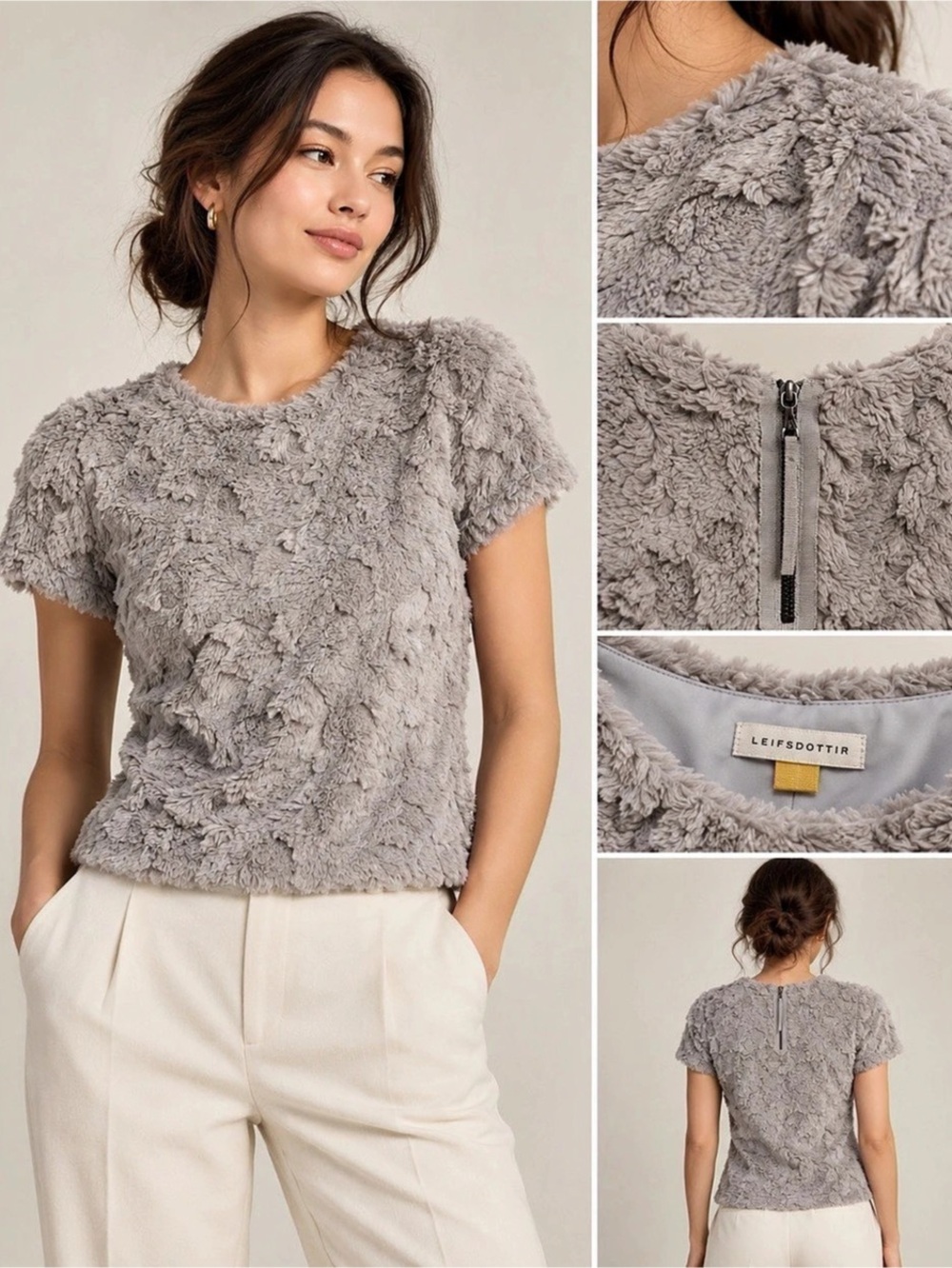 Anthropologie Leifsdottir Gray Faux Fur Textured Short Sleeve Top M